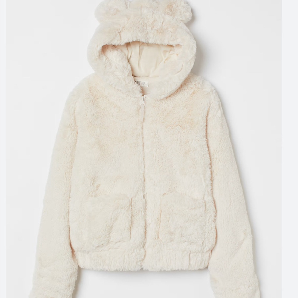 H&M Sherpa faux fur coat girls 14/16 hood ears